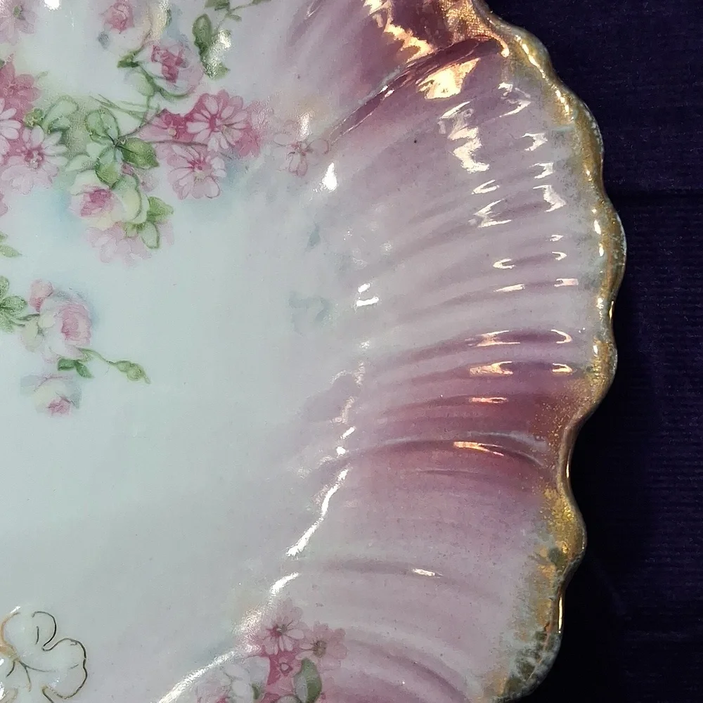 Antique MZ Austria Plate Porcelain Pink Roses Gilt Clovers Dish - Picture 7 of 12